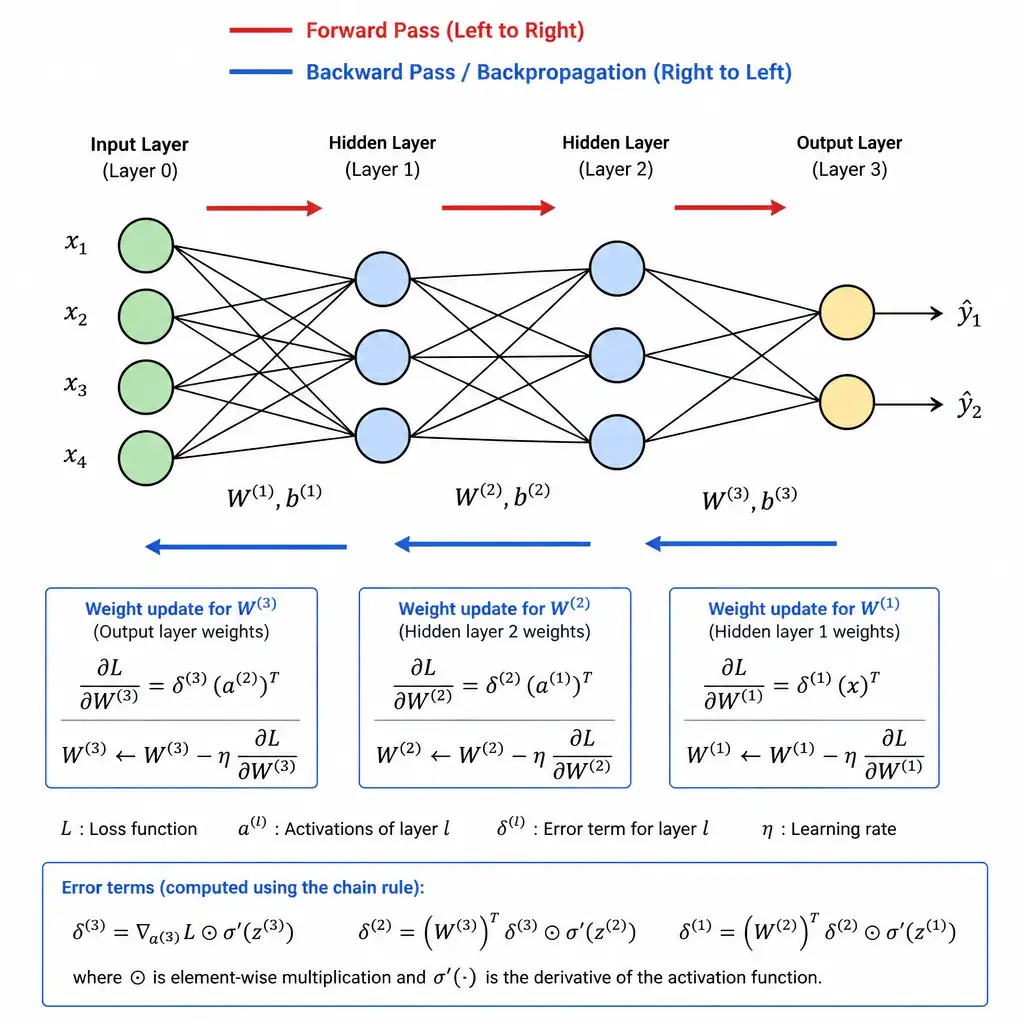 A diagram of a 3-layer neural network. Show red arrows pointing from left to right representing the forward pass, and blue arrows pointing from right to left representing the backward propagation of errors, labeled with the chain rule equations for weight updates.