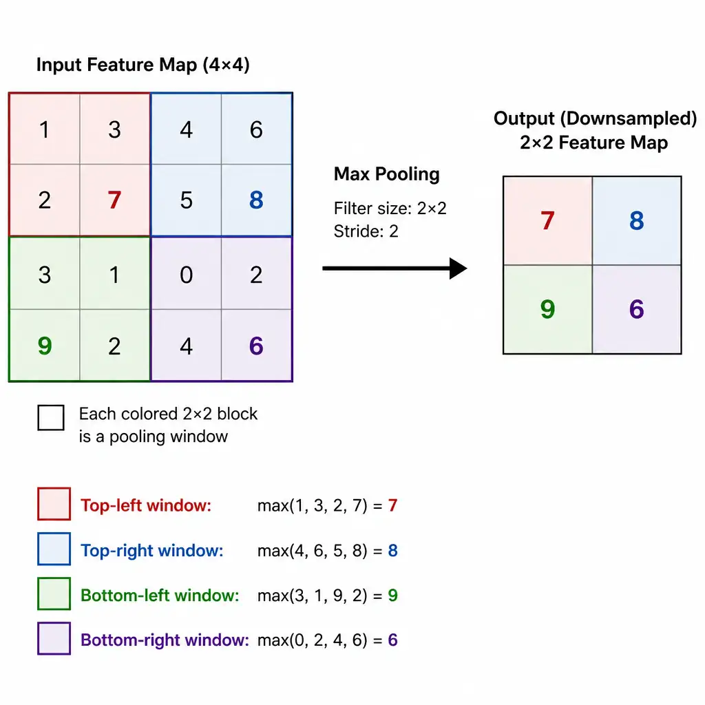 A diagram showing a 4x4 feature map divided into four 2x2 quadrants. Show a Max Pooling operation with a 2x2 filter and stride 2 selecting the largest number from each quadrant to output a downsampled 2x2 grid.