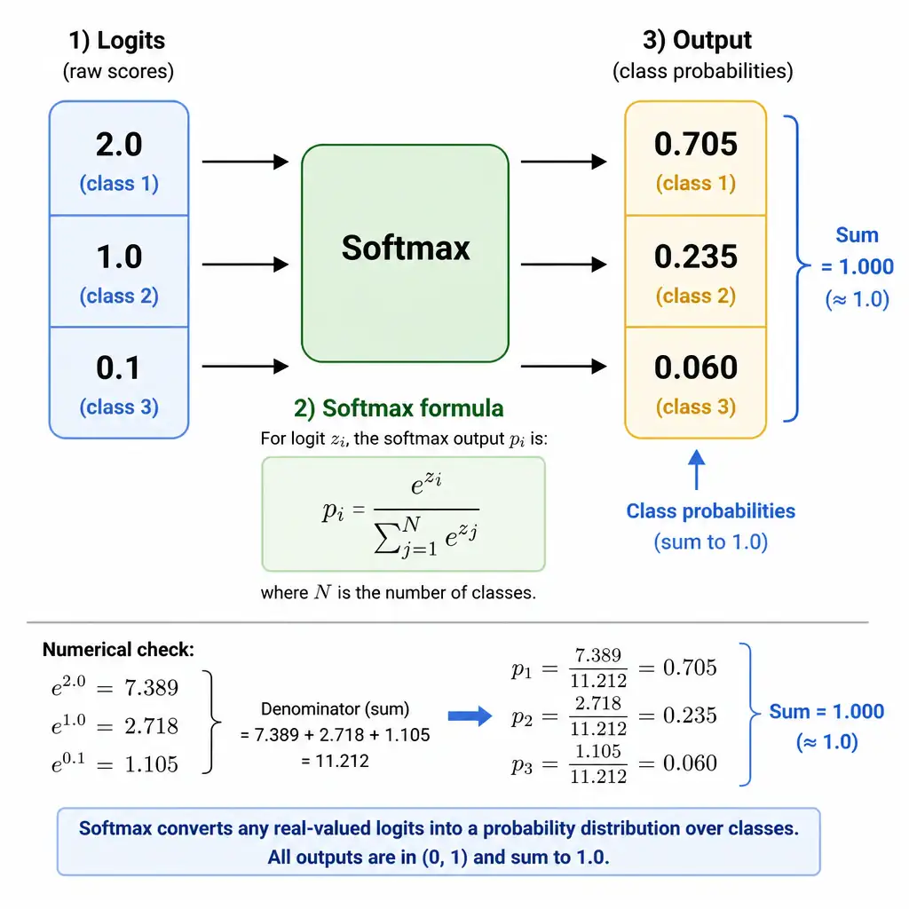 A diagram showing three logits (e.g., 2.0, 1.0, 0.1) passing through a Softmax block. Show the math formula and the resulting outputs (e.g., 0.7, 0.2, 0.1) summing to 1.0, labeled as class probabilities.