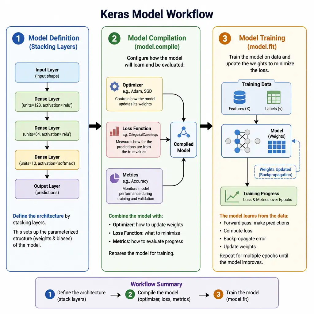 A conceptual flow diagram showing the Keras model workflow. It should depict three main stages in boxes: 1) 'Model Definition' (stacking layers), pointing to 2) 'Model Compilation (model.compile)' where arrows for 'Optimizer', 'Loss Function', and 'Metrics' merge into the model, pointing to 3) 'Model Training (model.fit)' where training data enters and updates the weights. Clear text labels highlighting the role of each stage.