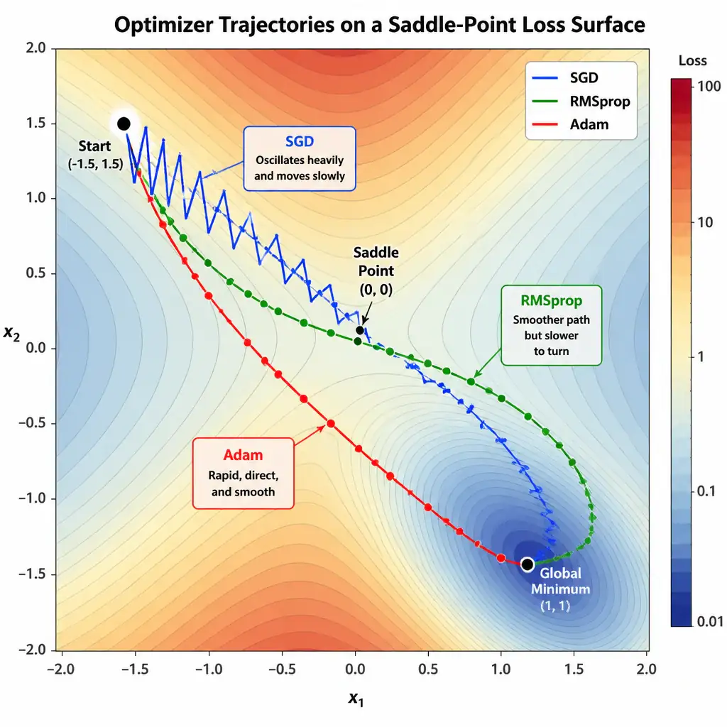 A comparison diagram of optimizer trajectories on a 2D contour plot representing a loss surface with a saddle point. The plot should illustrate three paths starting from the same point: SGD (oscillating heavily and moving slowly), RMSprop (smoother path but slower to turn), and Adam (a rapid, direct, and smooth path reaching the center minimum). Each trajectory line should be labeled clearly with its optimizer name.