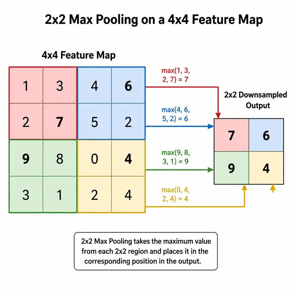 A diagram illustrating a 2x2 Max Pooling operation on a 4x4 input grid. The 4x4 grid should be divided into four color-coded 2x2 quadrants (e.g., red, blue, green, yellow), each containing numerical values. Arrows should point from each quadrant to a corresponding cell in a 2x2 output grid, showing that only the maximum value from each colored quadrant is copied to the output. Clear labels should mark the '4x4 Feature Map' and the '2x2 Downsampled Output'.
