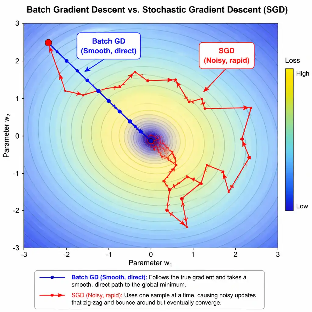 A comparison graph of the optimization paths of Batch Gradient Descent versus Stochastic Gradient Descent (SGD) on a contour plot of a loss function. The Batch Gradient Descent path should be represented by a smooth, direct line straight to the global minimum. The SGD path should be represented by a highly erratic, zig-zagging line that bounces around but eventually approaches the same minimum area. Clearly label 'Batch GD (Smooth, direct)' and 'SGD (Noisy, rapid)'.