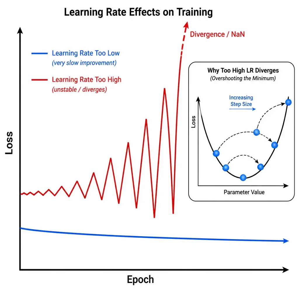 A diagram showing two loss curves on a graph of Loss (y-axis) vs. Epoch (x-axis). The first curve represents 'Learning Rate Too Low' (a very slow, flat downward slope). The second curve represents 'Learning Rate Too High' (wild zig-zag oscillations that grow larger and shoot off the top of the chart towards infinity, labeled 'Divergence / NaN'). An inset diagram of a U-shaped loss curve shows an optimizer ball overshooting the bottom back and forth with increasing step sizes.