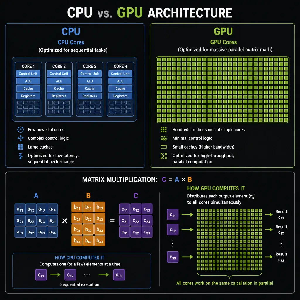 A comparison graphic of CPU vs. GPU architectures. The CPU side should show a small block containing a few large, complex cores labeled 'CPU Cores (Optimized for sequential tasks)'. The GPU side should show a large grid containing hundreds of tiny, simple cores labeled 'GPU Cores (Optimized for massive parallel matrix math)'. Underneath, show a matrix multiplication equation with arrows indicating how the GPU distributes calculations to all cores simultaneously.