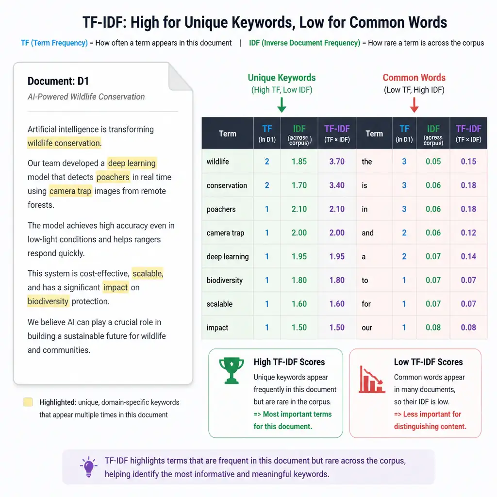 A visual showing a document containing unique keywords highlighting their high local frequency (TF) and low corpus frequency (IDF) leading to a high TF-IDF score, contrasted with common words having low scores.