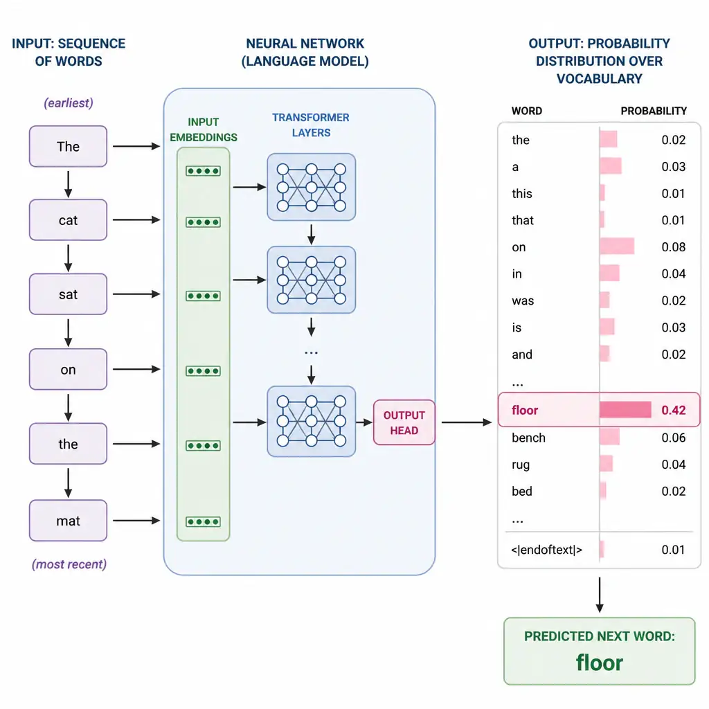 A sequence of input words entering a neural network, with the network outputting a probability distribution over a vocabulary of words to select the most likely next word.