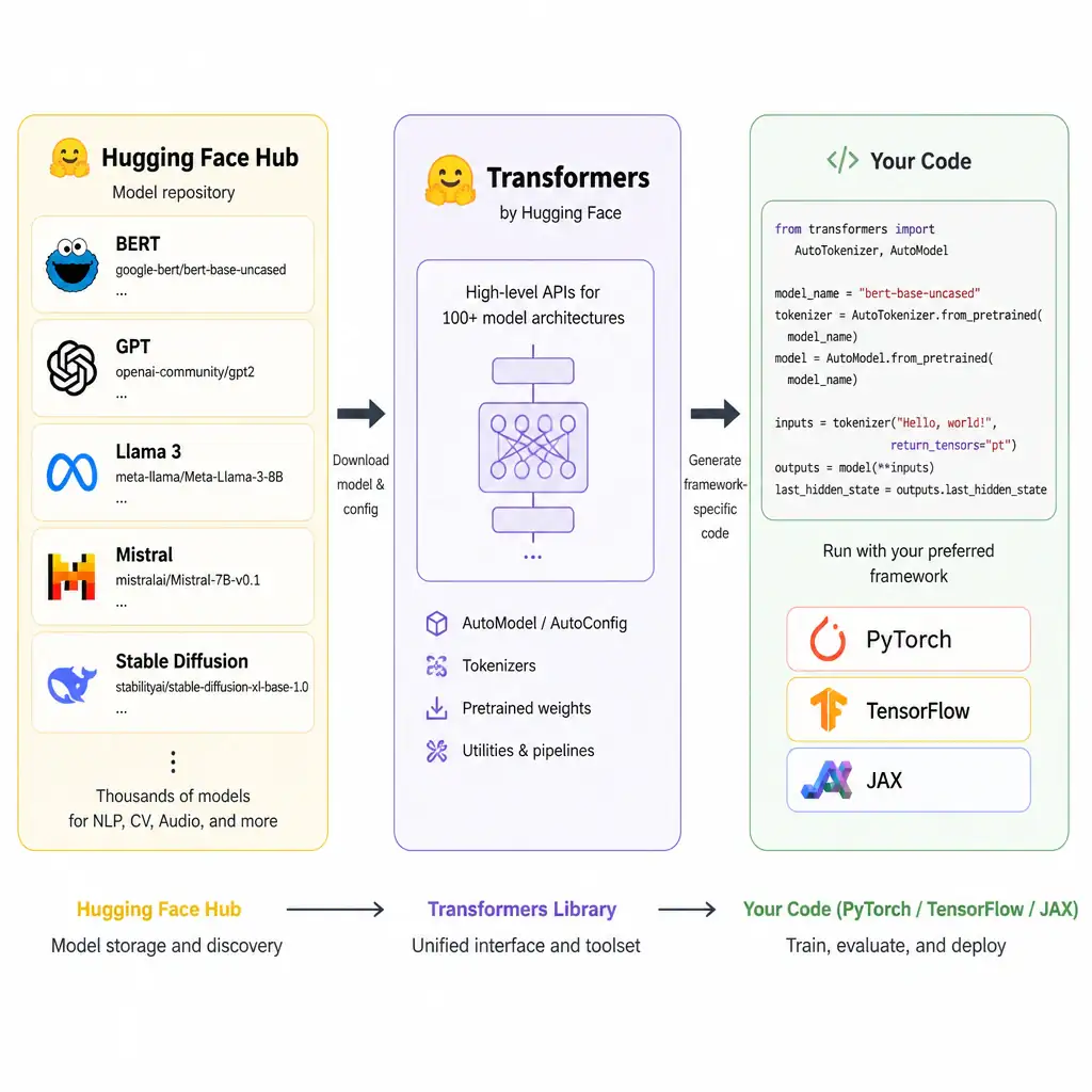 A diagram showing the Hugging Face Hub (with various models like BERT and GPT) feeding into the Transformers library, which then outputs code that integrates with PyTorch, TensorFlow, or JAX.