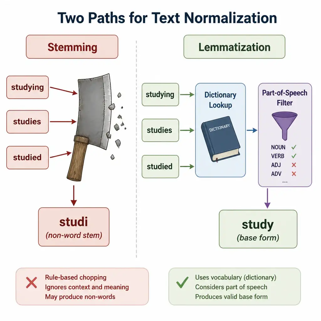 A comparative diagram showing two paths for text normalization. On the left path labeled 'Stemming', show words like 'studying', 'studies', and 'studied' being chopped by a rough blade tool to the non-word stem 'studi'. On the right path labeled 'Lemmatization', show the same words passing through a dictionary lookup tool and a part-of-speech filter to output the correct base word 'study'.