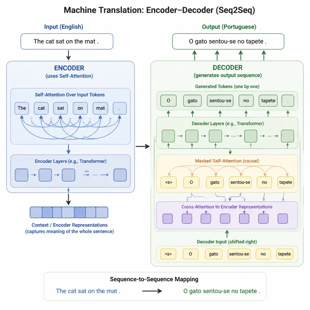 A system diagram of a machine translation pipeline. Show an English sentence entering an encoder block, which utilizes self-attention to link words across the sequence. Show it connecting to a decoder block that generates the corresponding Portuguese sentence, illustrating the sequence-to-sequence mapping.