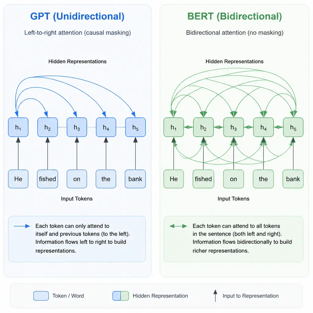 A comparison of attention mechanisms. Show a unidirectional model (GPT) where arrows only flow from left to right to build representation. Next to it, show BERT, where arrows flow bidirectionally between all tokens in a sentence (e.g., 'He', 'fished', 'on', 'the', 'bank'), indicating bidirectional attention.