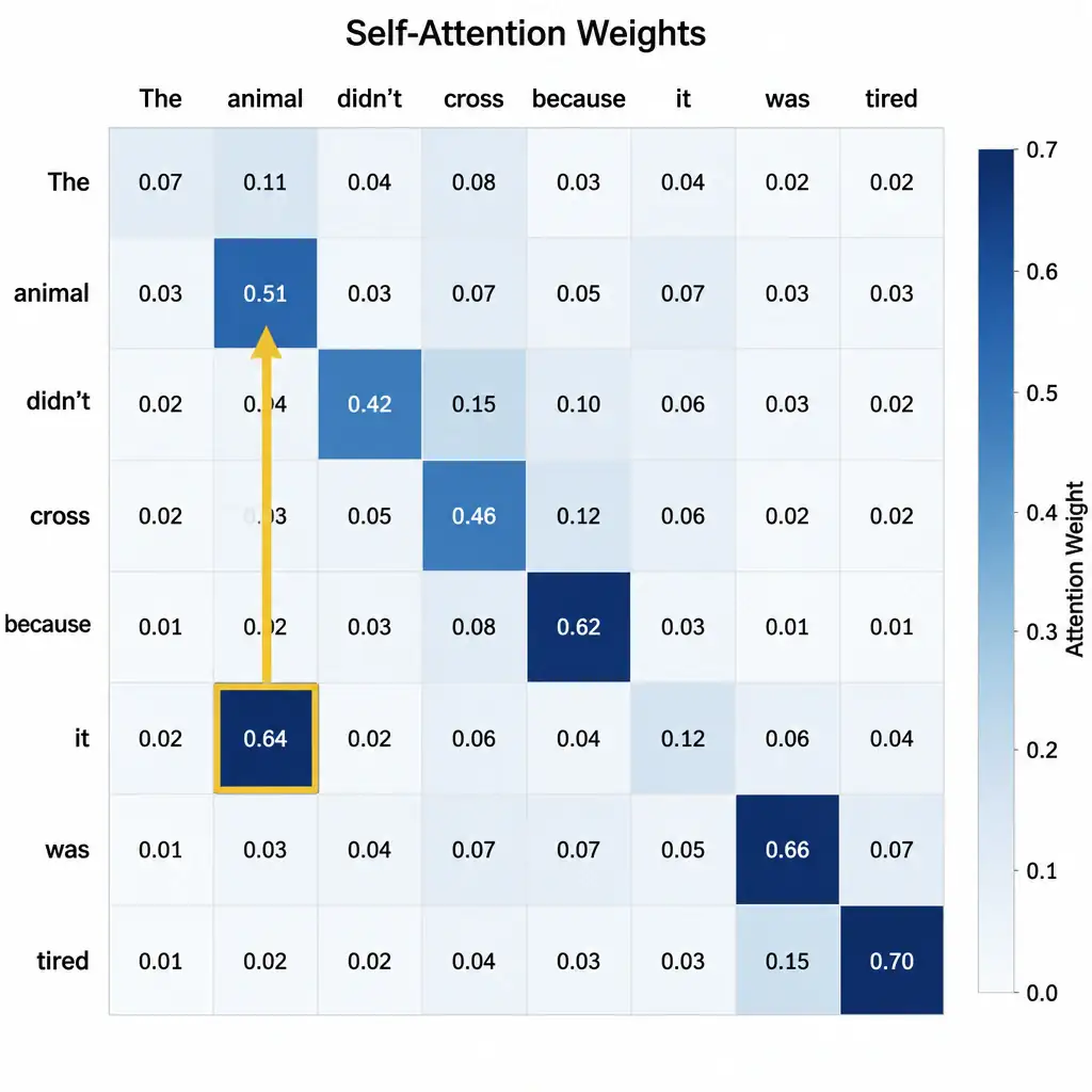 A matrix showing the self-attention weights for a sentence. On both axes, place the words 'The', 'animal', 'didn't', 'cross', 'because', 'it', 'was', 'tired'. Highlight the connection between 'it' and 'animal' with a thick line or high-value color, illustrating how self-attention resolves pronoun references.