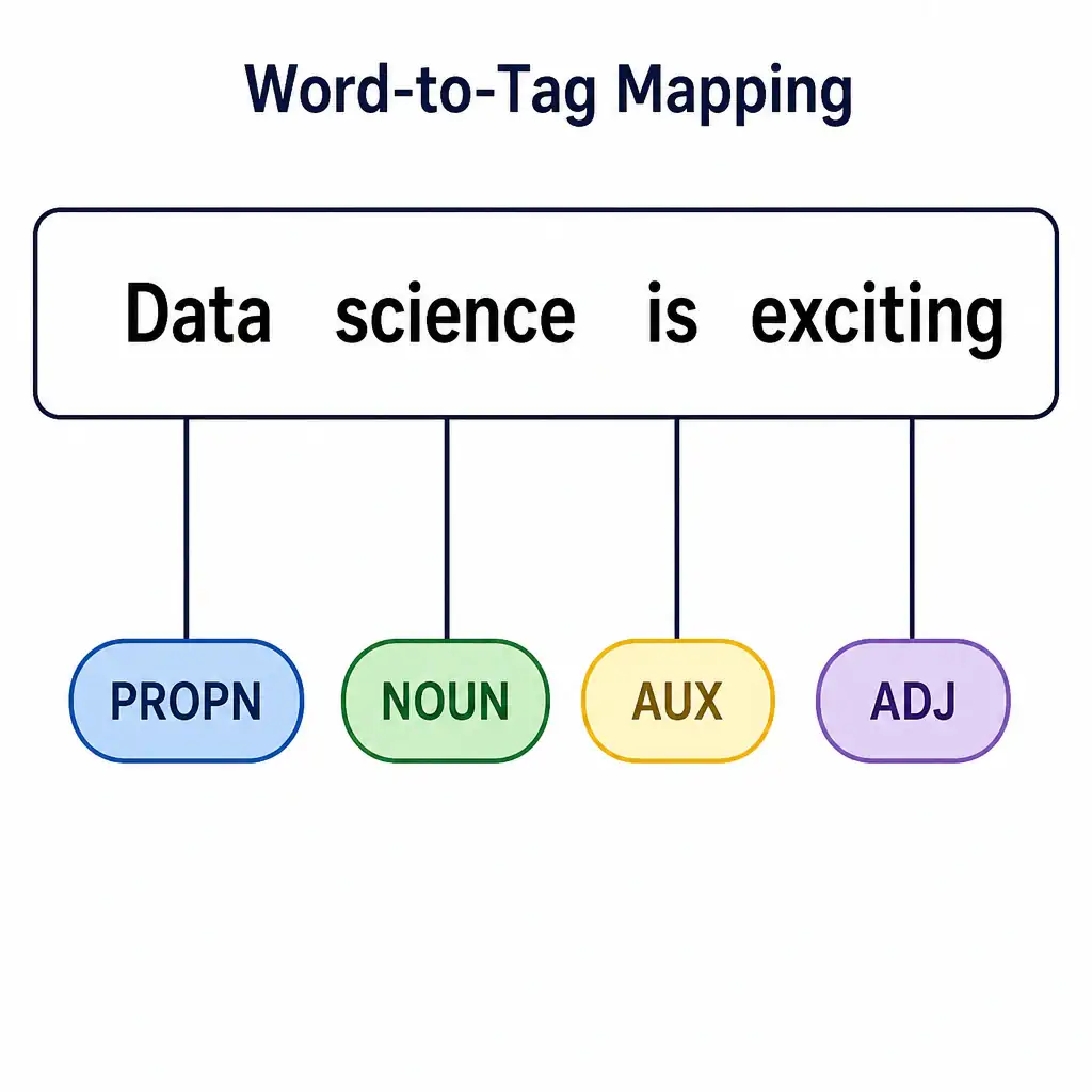 A word-to-tag mapping diagram. Show the sentence 'Data science is exciting' with lines extending down from each word to its corresponding POS tag bubble: 'Data' (PROPN), 'science' (NOUN), 'is' (AUX), and 'exciting' (ADJ), demonstrating grammatical labeling.