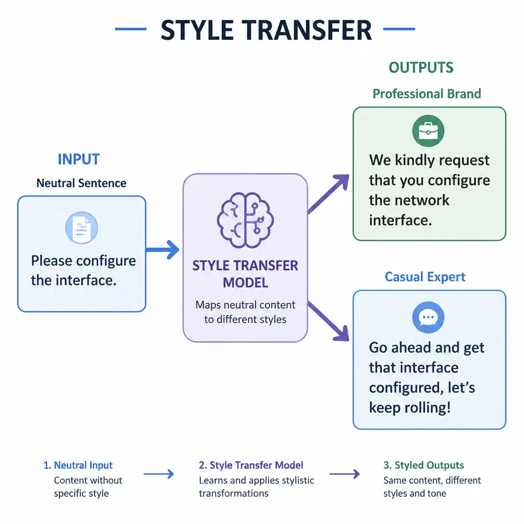 A diagram illustrating style transfer. On the input side, show a neutral sentence: "Please configure the interface." On the output side, show two different styled outputs: a "Professional Brand" output: "We kindly request that you configure the network interface," and a "Casual Expert" output: "Go ahead and get that interface configured, let's keep rolling!" with an arrow showing the style transfer model mapping the input to the output.