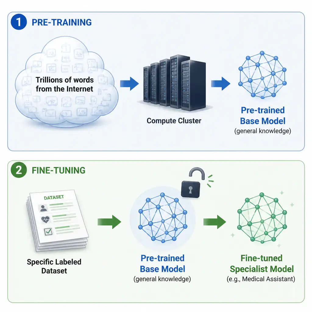A two-stage workflow diagram. Stage 1 (Pre-training) shows a giant cloud representing "Trillions of words from the Internet" feeding into a computer cluster to produce a "Pre-trained Base Model" (general knowledge). Stage 2 (Fine-tuning) shows a small stack of papers representing "Specific Labeled Dataset" feeding into the Base Model with a lock symbol opening, producing a "Fine-tuned Specialist Model" (e.g., Medical Assistant).