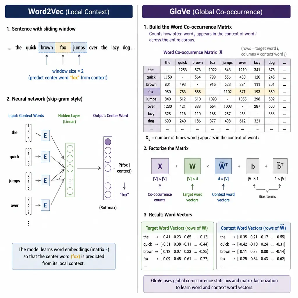 A side-by-side comparison diagram. On the left (Word2Vec), show a sentence with a sliding window highlighted, showing a neural network predicting a center word from context words. On the right (GloVe), show a giant spreadsheet representing a "Word Co-occurrence Matrix" detailing global counts across a corpus, with arrows pointing to a matrix factorization step yielding word vectors.