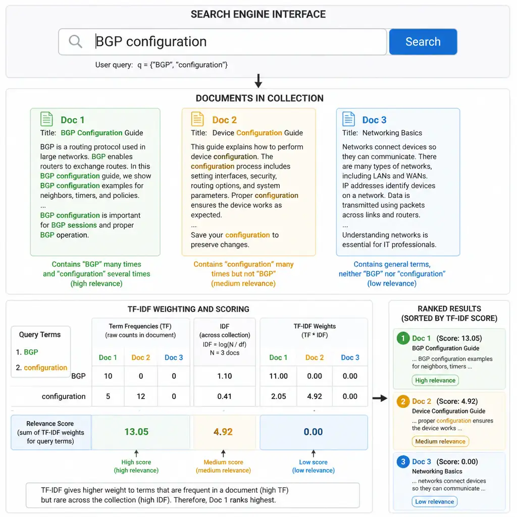 A search engine interface diagram. A user types "BGP configuration" into a search box. Below, three documents are evaluated: Doc 1 contains "BGP" many times (high relevance score); Doc 2 contains "configuration" many times but not "BGP" (medium relevance score); Doc 3 has general terms (low score). Show how TF-IDF weighting sorts and ranks Doc 1 as the top result.