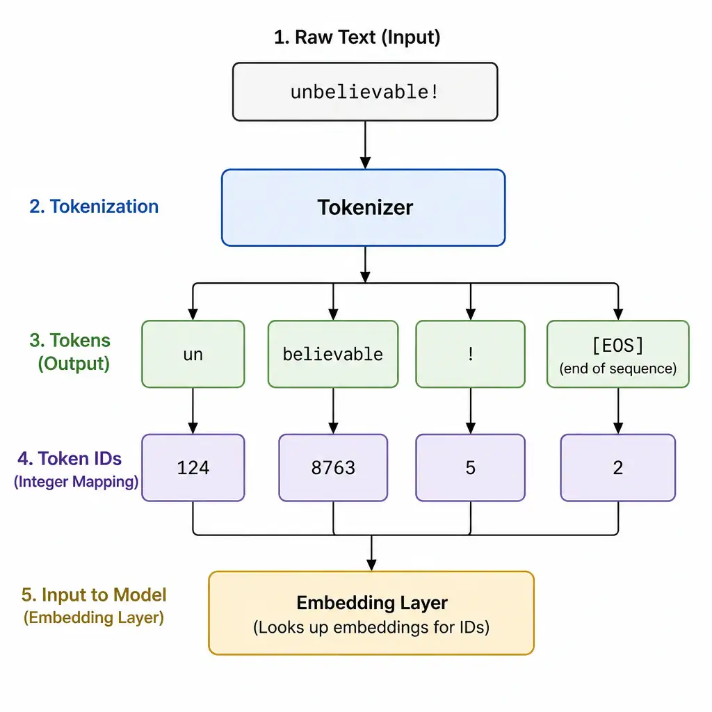 A flow diagram showing tokenization. Raw text "unbelievable!" is shown at the input. It passes through a "Tokenizer" block. At the output, it is split into four distinct boxes representing tokens: ["un", "believable", "!"]. Show how these tokens map to integer IDs (e.g., [124, 8763, 5]) which are then fed into the model's embedding layer.