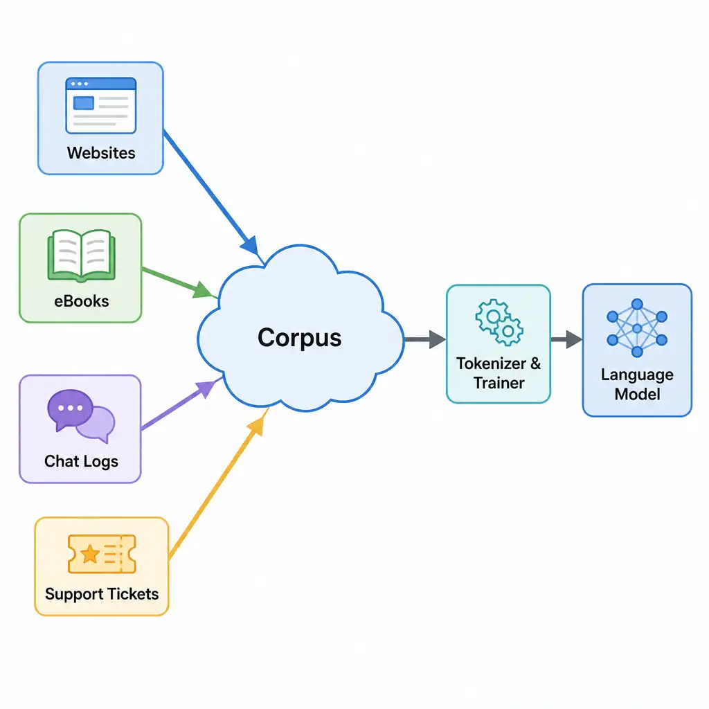 A concept map showing a central cloud labeled 'Corpus'. Surrounding it and pointing into it are various data sources: 'Websites', 'eBooks', 'Chat Logs', and 'Support Tickets'. Out of the 'Corpus' cloud points a pipeline labeled 'Tokenizer & Trainer' leading to 'Language Model'.