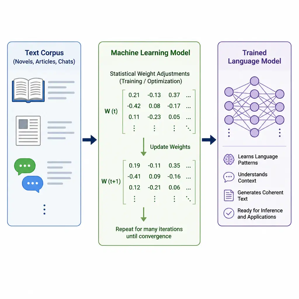 A diagram illustrating the data flow of an NLP training pipeline. On the left, 'Text Corpus (Novels, Articles, Chats)' is shown as the input. Arrow points to a 'Machine Learning Model' block in the middle. The model block shows statistical weight adjustments. The final arrow points to 'Trained Language Model' on the right.