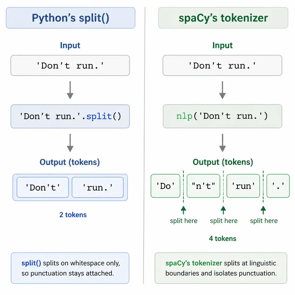 A side-by-side comparison diagram. On the left side, showing Python's split() taking the input 'Don't run.' and outputting two tokens: ['Don't', 'run.']. On the right side, showing spaCy's tokenizer taking the same input and outputting four clean tokens: ['Do', "n't", 'run', '.'], highlighting the split points and isolated punctuation.