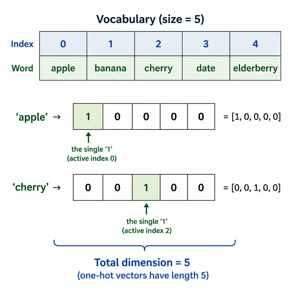 A matrix diagram showing a vocabulary of five words: ['apple', 'banana', 'cherry', 'date', 'elderberry']. Below it, show the one-hot vectors for 'apple' as [1, 0, 0, 0, 0] and 'cherry' as [0, 0, 1, 0, 0], highlighting the single '1' in each sparse vector and the total dimension of 5.