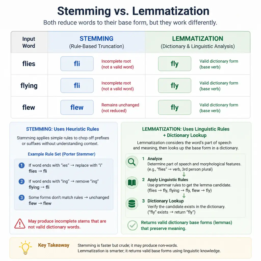 A comparison chart showing Stemming vs. Lemmatization. For the input words 'flies', 'flying', and 'flew': Stemming outputs 'fli', 'fli', 'flew' (incomplete roots). Lemmatization outputs 'fly', 'fly', 'fly' (valid dictionary base forms), highlighting the linguistic rules and dictionary lookup used in lemmatization.