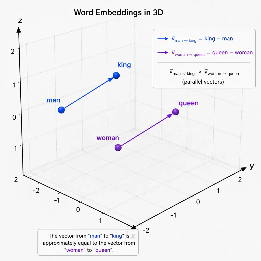 A 3D coordinate graph illustrating word embeddings. Words like "king," "queen," "man," and "woman" are plotted as points in space, with vectors showing the parallel relationships between them (e.g., the vector from "man" to "king" matches the vector from "woman" to "queen"), demonstrating semantic mapping.