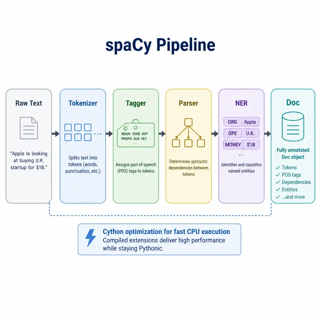 A flowchart illustrating a spaCy pipeline. Raw text enters from the left and passes sequentially through blocks labeled Tokenizer, Tagger, Parser, and NER, outputting a fully annotated "Doc" object on the right, with a sub-label highlighting "Cython optimization for fast CPU execution."
