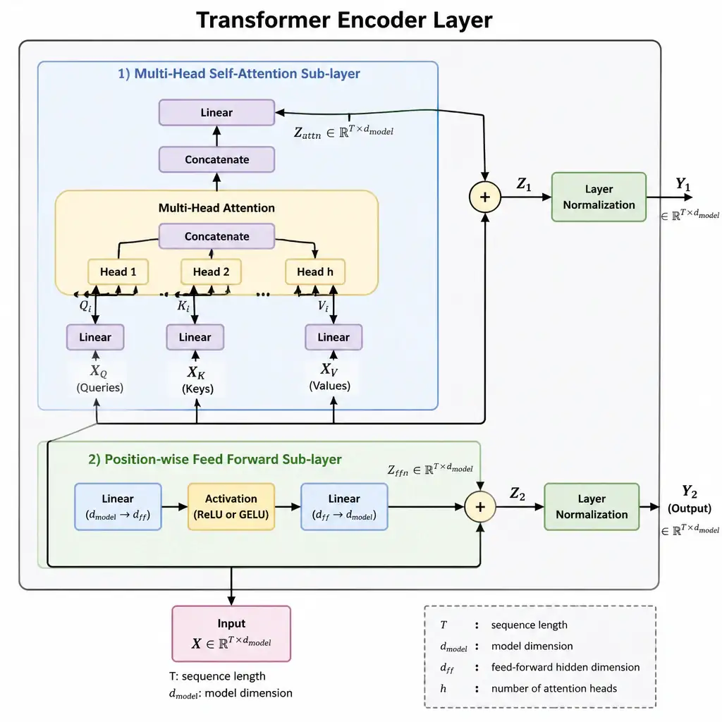 A detailed block diagram of a single Transformer Encoder layer. The diagram shows the input flow entering a Multi-Head Attention block, merging with a residual connection, passing through Layer Normalization, entering a Feed Forward network, and passing through a final Layer Normalization step.