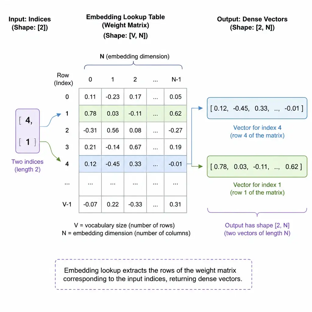 A diagram showing an input tensor of integer indices (e.g., [4, 1]) indexing into a 2D weight matrix (Embedding Lookup Table). The output shows two dense vectors of length N (e.g., [0.12, -0.45, ...] and [0.78, 0.03, ...]) being extracted, demonstrating how indices map to dense continuous rows.