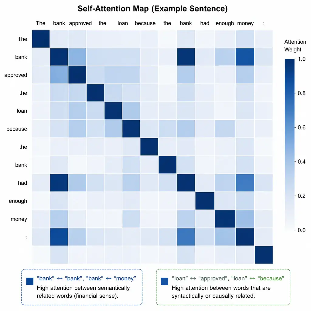 A visual matrix representing self-attention weights (an attention map) for a sentence, showing a grid where both axes contain the same words, and shaded cells indicate high attention correlation between related words (such as "bank" and "money" or "river" depending on the context).