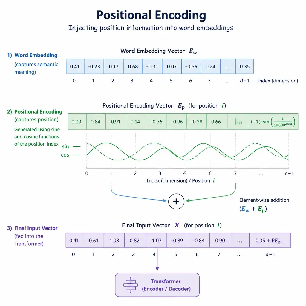 A diagram illustrating positional encoding. Two input vectors are shown: a Word Embedding vector (capturing semantic meaning) and a Positional Encoding vector (represented by a sine/cosine wave pattern representing its index). The two vectors are added together element-wise to form the final input vector fed into the Transformer.