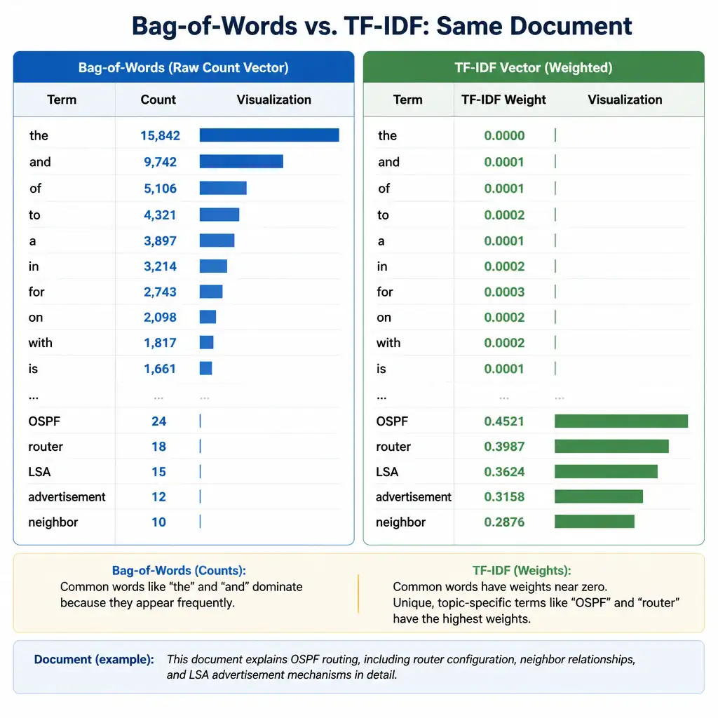 A comparison matrix diagram. The left side shows a Bag-of-Words vector where common words like "the" and "and" have the highest counts. The right side shows a TF-IDF vector of the same document where "the" and "and" have weights near zero, while unique topic keywords like "OSPF" or "router" have the highest weights.