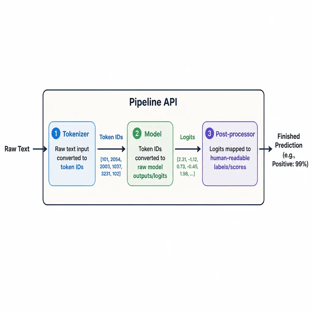 A flowchart illustrating the flow of raw text through the Hugging Face pipeline. The diagram should show a three-step sequence enclosed in a bounding box labeled 'Pipeline API': 1) Tokenizer (raw text input converted to token IDs), 2) Model (token IDs converted to raw model outputs/logits), and 3) Post-processor (logits mapped to human-readable labels/scores). A single input arrow enters the box labeled 'Raw Text', and a single output arrow exits labeled 'Finished Prediction (e.g., Positive: 99%)'.