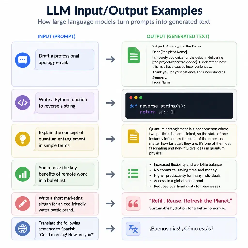 A visual grid of various LLM input/output pairs demonstrating text-generation applications. For example, a prompt bubble reads 'Draft a professional apology email' and points to a document icon showing a generated email layout. Another prompt reads 'Write a python function to reverse a string' pointing to a code block icon with def reversestring(s): return s[::-1]. The grid highlights generative text applications.