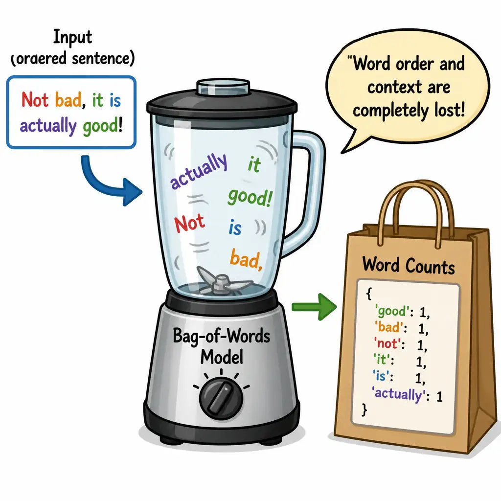 An illustration of a blender labeled 'Bag-of-Words Model'. Entering the blender is the ordered sentence: 'Not bad, it is actually good!'. Inside the blender, the words are mixed up. Exiting the blender is a shopping bag labeled 'Word Counts' showing: {'good': 1, 'bad': 1, 'not': 1, 'it': 1, 'is': 1, 'actually': 1}. A callout balloon points out: 'Word order and context are completely lost!'.