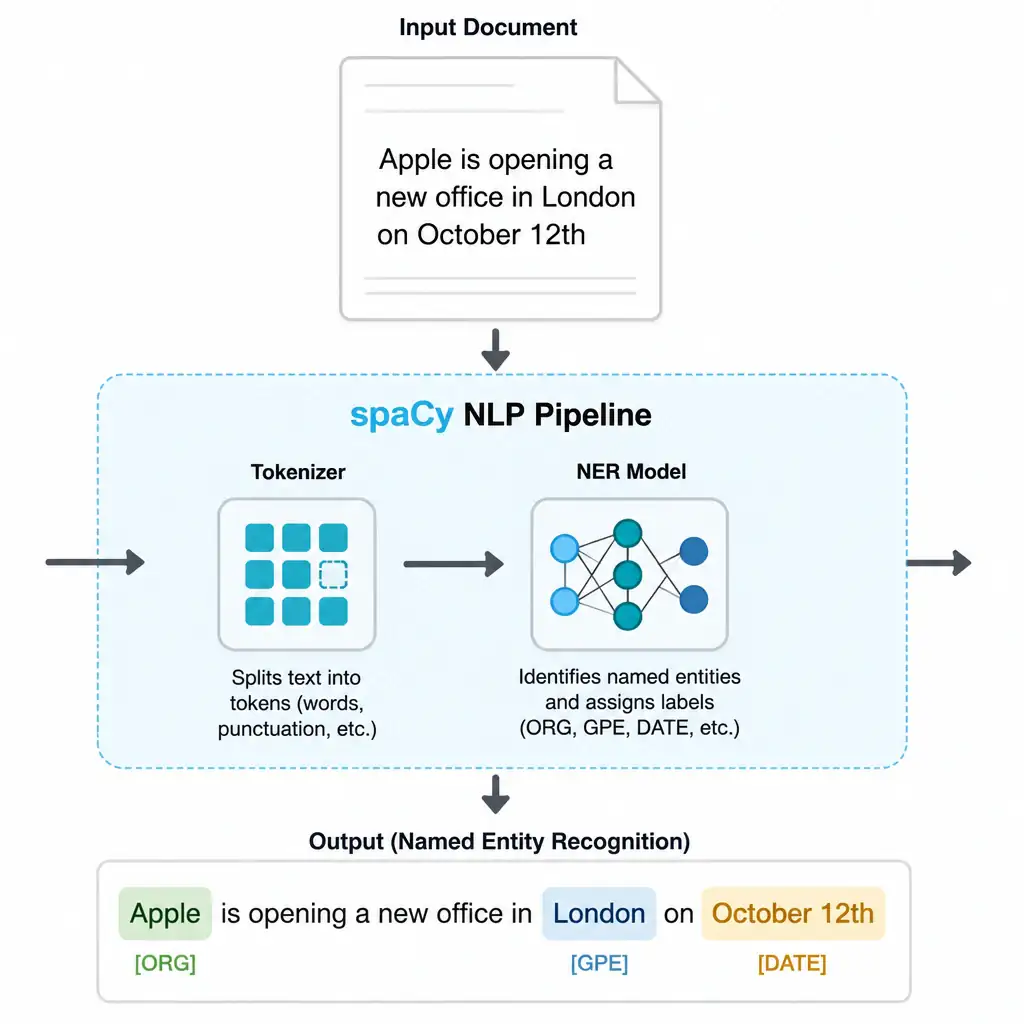A schematic showing a document containing the text 'Apple is opening a new office in London on October 12th' passing through spaCy's NLP pipeline. Inside the pipeline block, icons for Tokenizer and NER Model are shown. The output text shows color-coded tags: 'Apple' [ORG], 'London' [GPE], and 'October 12th' [DATE], representing successful named entity extraction.