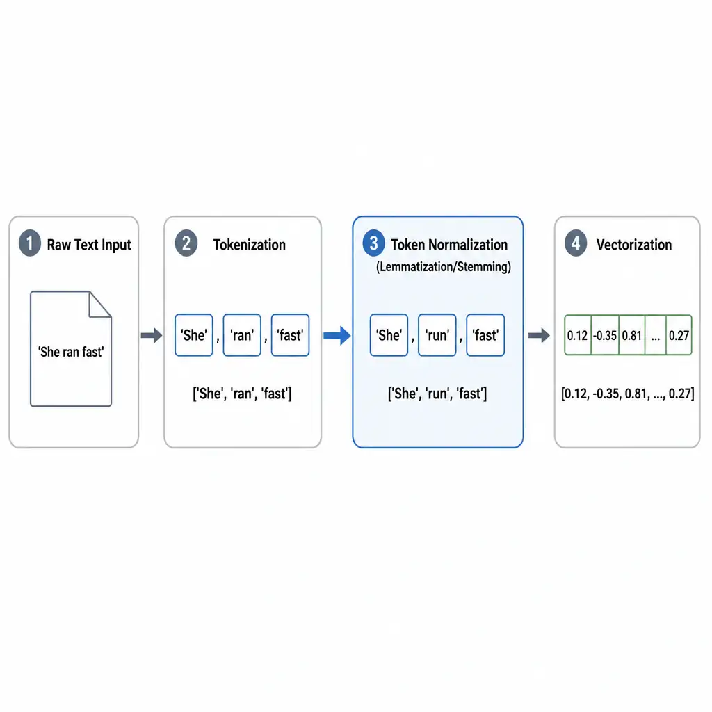 A linear timeline diagram of an NLP Preprocessing pipeline. The steps are shown left-to-right as: 1) Raw Text Input ('She ran fast'), 2) Tokenization (splitting into ['She', 'ran', 'fast']), 3) Token Normalization (Lemmatization/Stemming converting ['She', 'run', 'fast']), and 4) Vectorization (converting to numbers). Step 3 is highlighted with an arrow indicating it immediately follows Step 2.