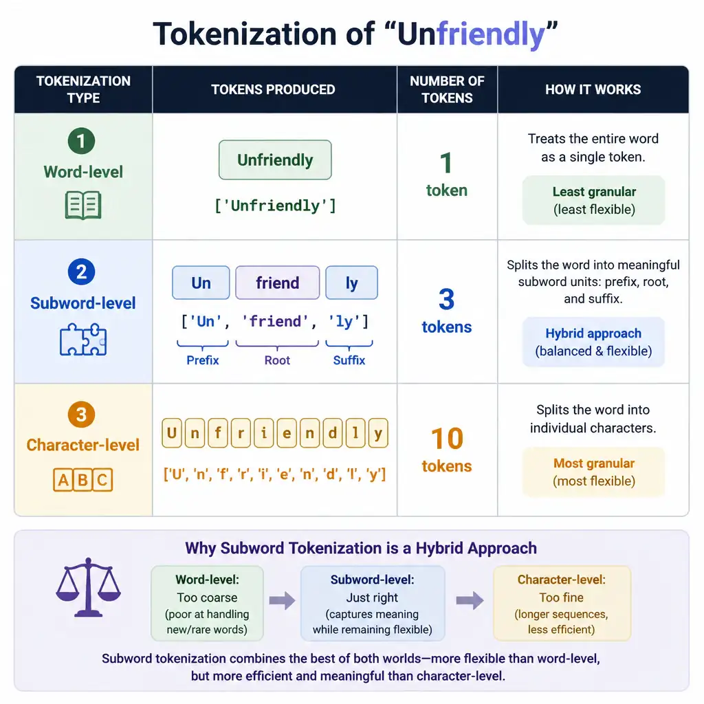 A comparison chart demonstrating three types of tokenization for the word 'Unfriendly'. 1) Word-level: ['Unfriendly'] (1 token). 2) Subword-level: ['Un', 'friend', 'ly'] (3 tokens, combining prefix, root, and suffix). 3) Character-level: ['U', 'n', 'f', 'r', 'i', 'e', 'n', 'd', 'l', 'y'] (10 tokens). The chart illustrates how subword tokenization acts as a hybrid approach.
