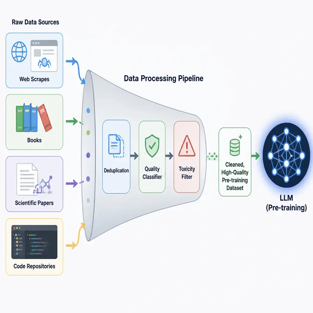 A data pipeline diagram showing data gathering for LLMs. On the left are diverse raw data sources: 'Web Scrapes', 'Books', 'Scientific Papers', and 'Code Repositories' feeding into a funnel labeled 'Data Processing Pipeline'. Inside the pipeline are filters: 'Deduplication', 'Quality Classifier', and 'Toxicity Filter'. Out of the funnel flows 'Cleaned, High-Quality Pre-training Dataset' entering a large model icon.