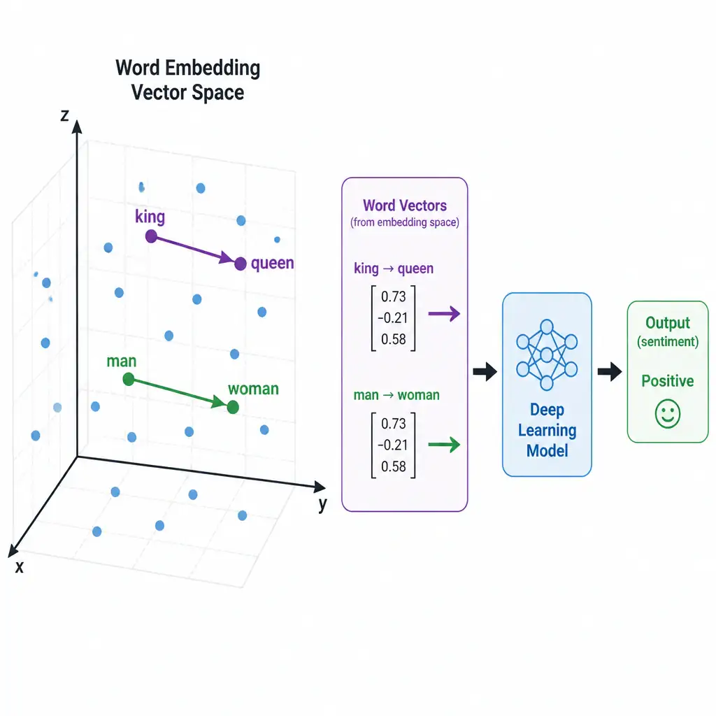 A 3D coordinate graph showing word embeddings. Points represent words plotted in a vector space: 'king' and 'queen' are clustered close together with a vector arrow between them. 'man' and 'woman' are clustered nearby with a parallel vector arrow. An arrow shows these coordinate vectors being fed directly into a 'Deep Learning Model' block, which outputs a sentiment label.