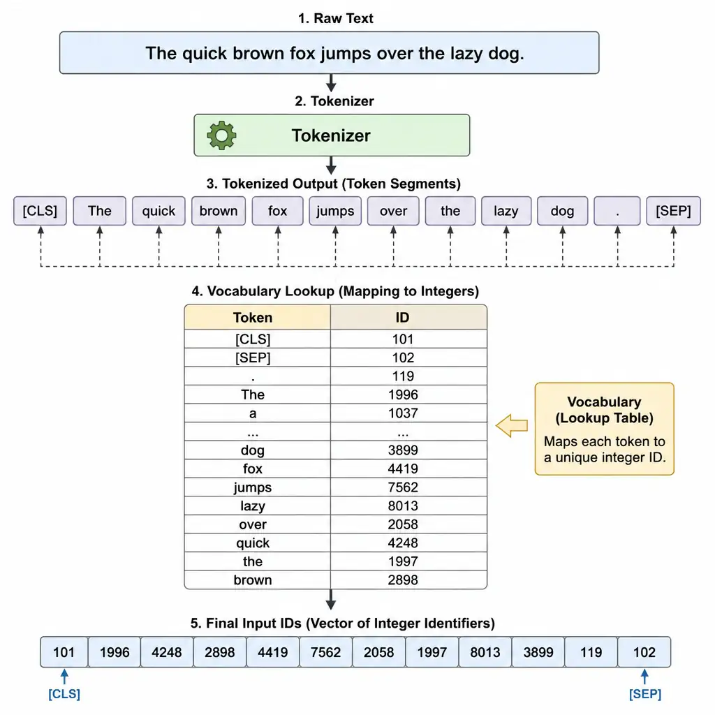 A conceptual flowchart showing a raw text sentence passing into a Tokenizer block, which outputs token segments, maps them to integers using a lookup table (vocabulary), and shows the final input IDs vector containing numeric identifiers and special boundary tokens.