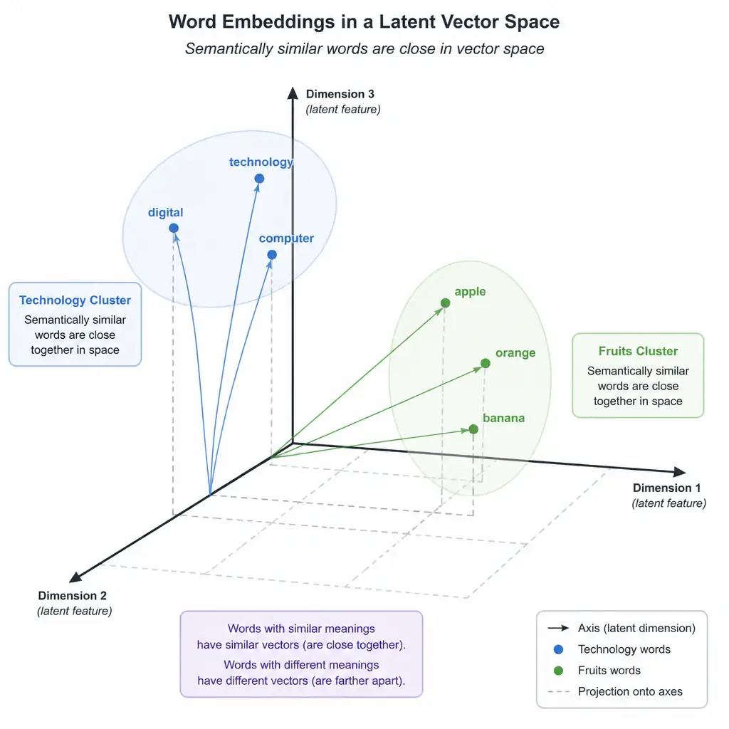 A vector space visualization with axes representing latent dimensions. Show clusters of semantically related words (e.g., digital, technology, computer in one cluster, and apple, orange, banana in another cluster), indicating that contextually similar words have similar vectors.