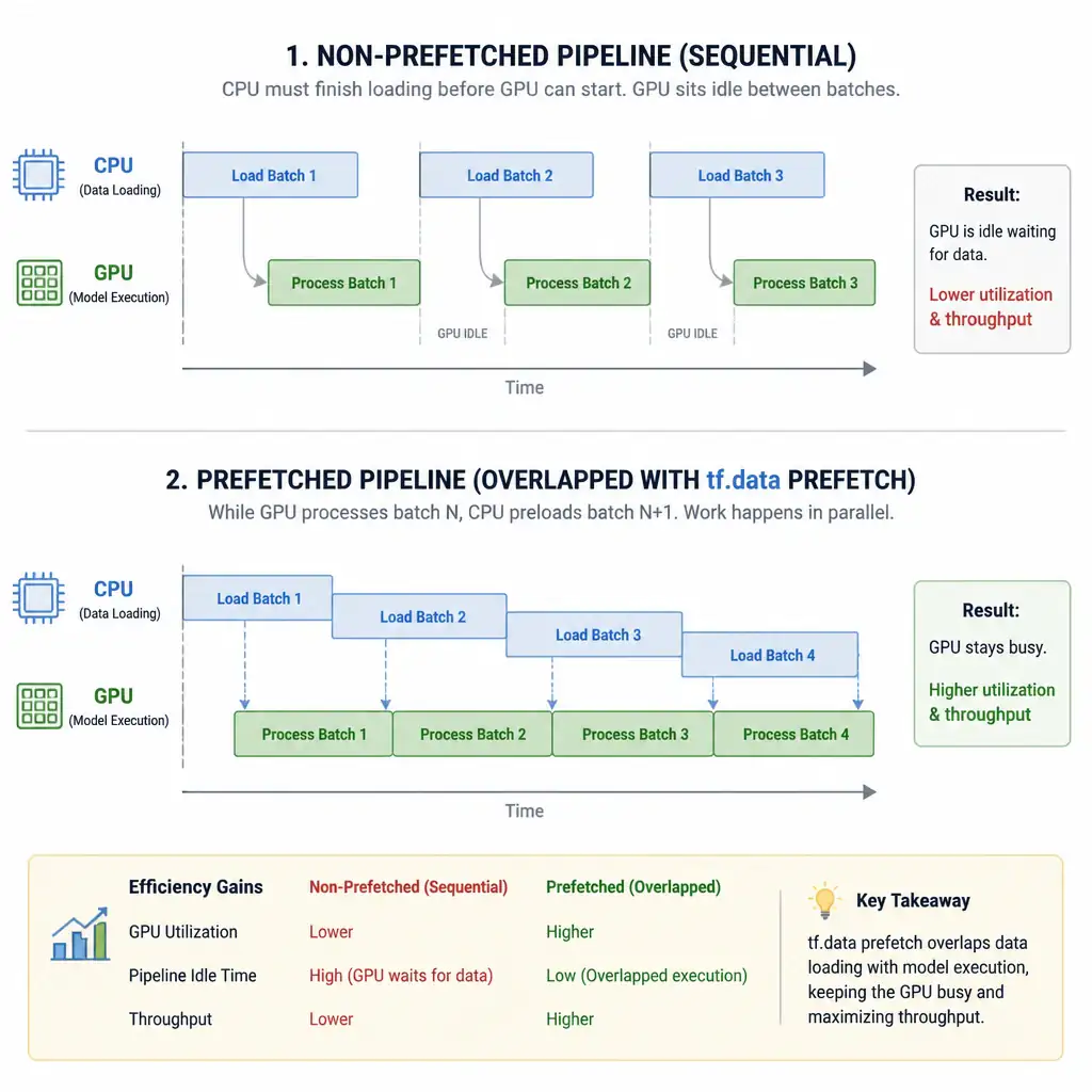 A pipeline comparison showing a non-prefetched pipeline (sequential: CPU loads -> GPU processes -> CPU loads) versus a prefetched pipeline (parallel: GPU processes batch N while CPU loads batch N+1), highlighting the efficiency gains of the tf.data prefetch mechanism.