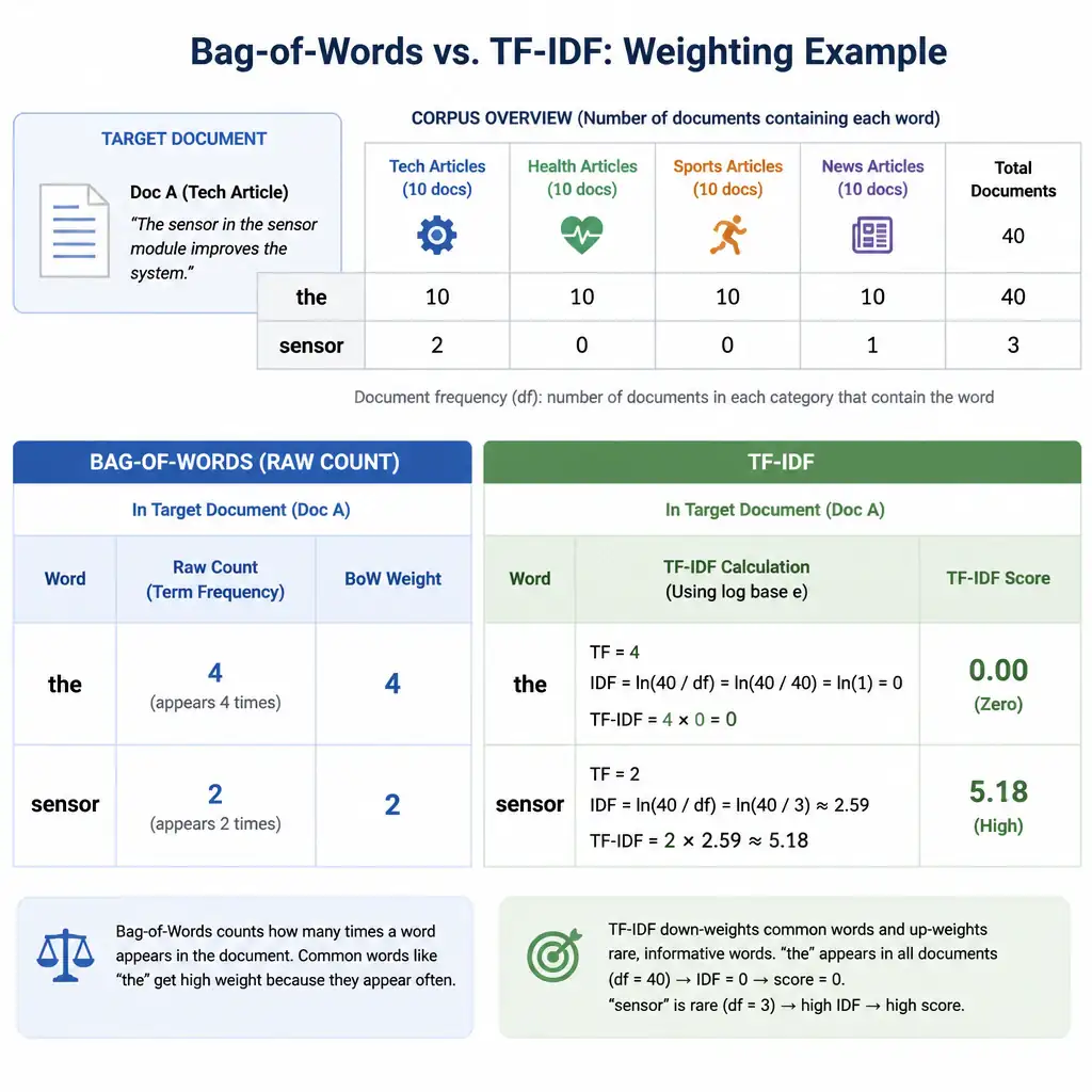 A comparison diagram showing how two words ("the" and "sensor") are weighted by Bag-of-Words vs. TF-IDF. Show "the" with a high raw count but zero TF-IDF score, and "sensor" with a moderate raw count but a high TF-IDF score because of its rarity across other document categories.