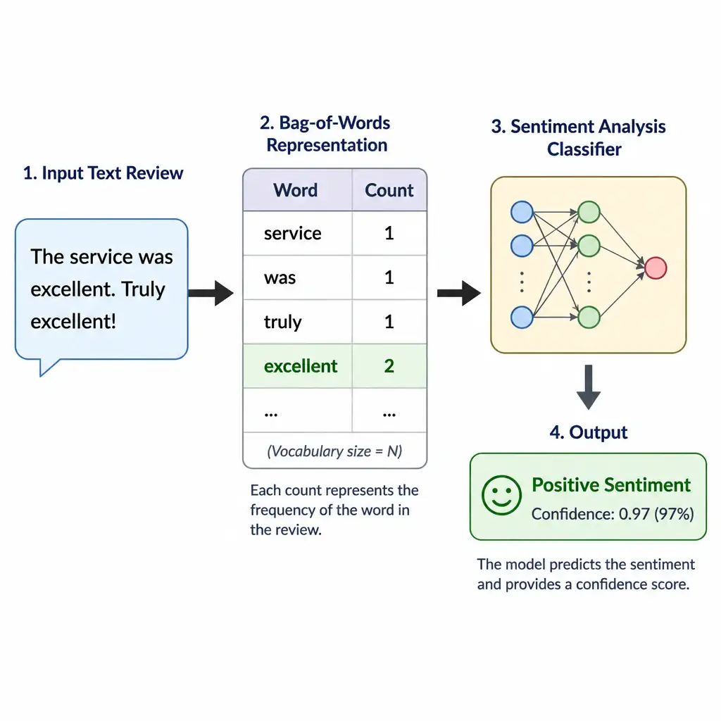 A diagram illustrating a text review ('The service was excellent. Truly excellent!') being processed into a Bag-of-Words vector. The vector shows words like 'service', 'was', 'truly', and 'excellent' with their respective counts, highlighting 'excellent' with a count of 2. Next to it, an arrow points to a sentiment analysis classifier outputting a 'Positive Sentiment' label with a high confidence score.