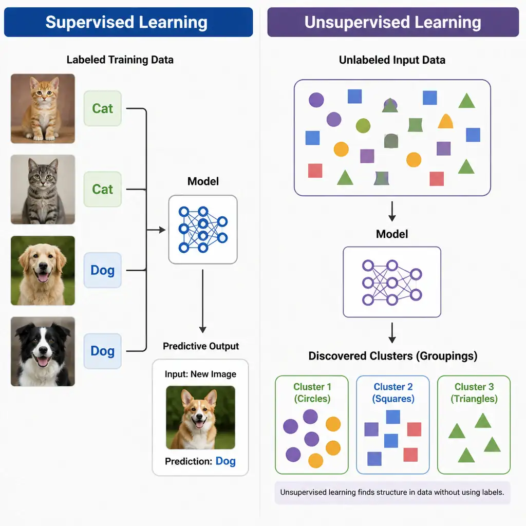 A side-by-side comparison diagram. On the left side, labeled 'Supervised Learning', show input images of cats and dogs with clear labels ('Cat', 'Dog') entering a model, resulting in a predictive output. On the right side, labeled 'Unsupervised Learning', show a mixed group of unlabeled shapes entering a model, which then groups them into distinct clusters based on similarities (e.g., circles together, squares together).