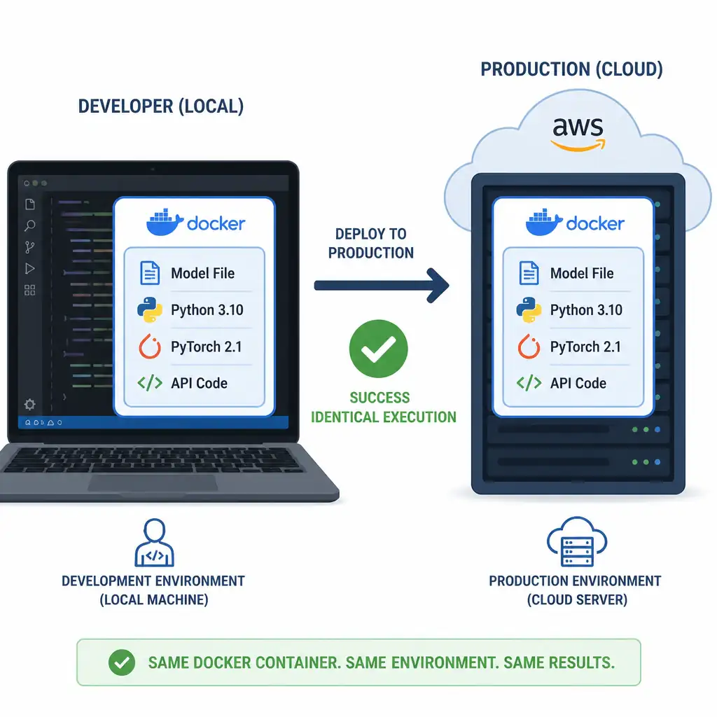 A graphic showing a developer laptop on the left and a cloud server on the right, both running the same Docker container. Inside the container icon, text lists: 'Model File', 'Python 3.10', 'PyTorch 2.1', and 'API Code'. An arrow points from dev to production, with a green checkmark indicating successful, identical execution.
