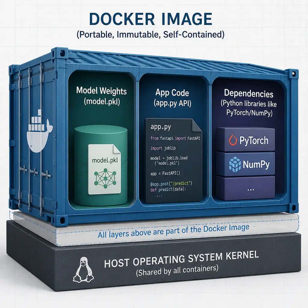 A conceptual blueprint diagram of a Docker Image. The image is depicted as a shipping container with cutouts showing three distinct compartments inside: 'Model Weights (model.pkl)', 'App Code (app.py API)', and 'Dependencies (Python libraries like PyTorch/NumPy)'. The container is sitting on top of a shared host operating system kernel layer.